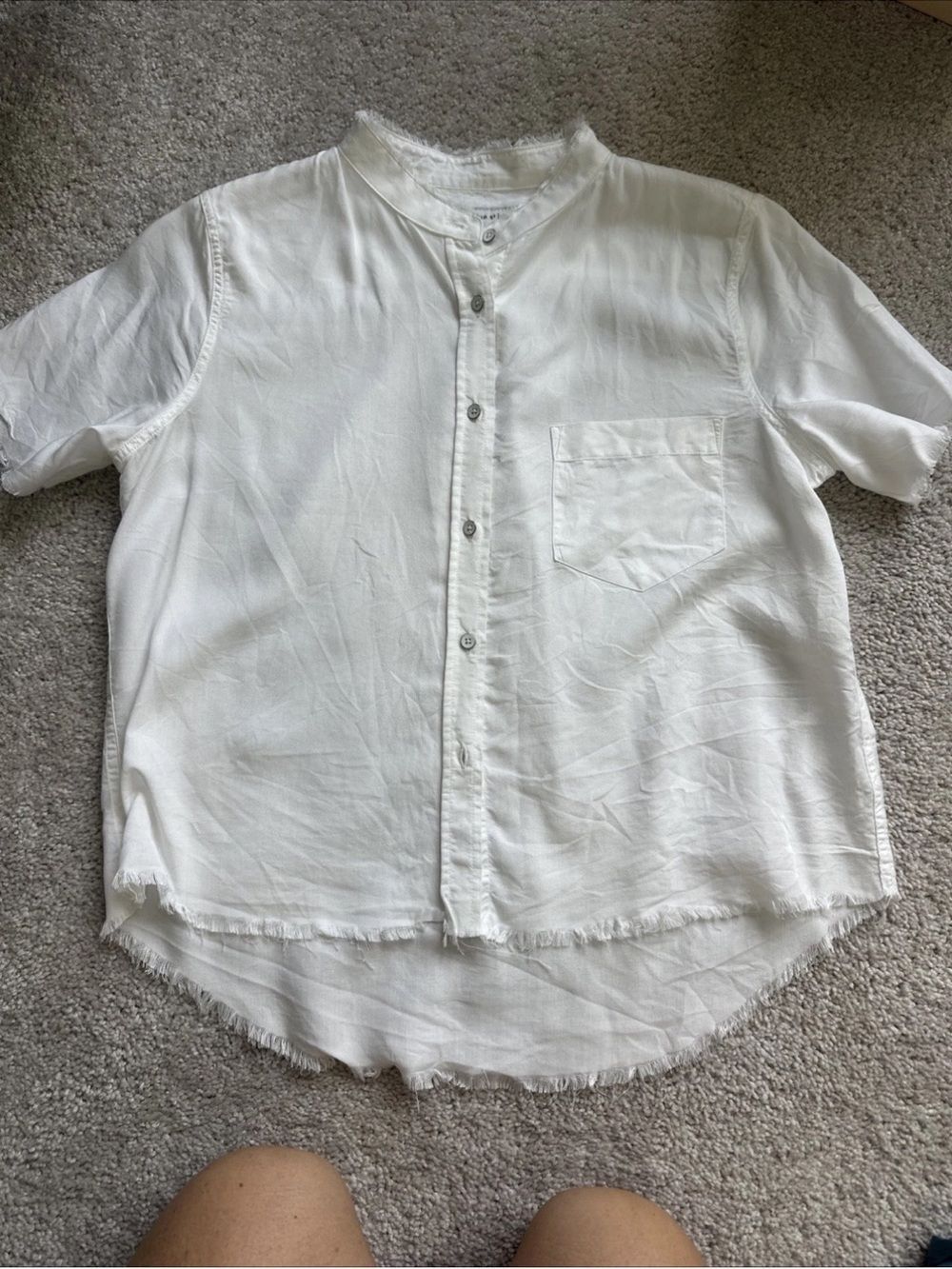 The Blue Shirt Shop Button Down Crop Blouse White Distressed Womens SZ S - Picture 6 of 7